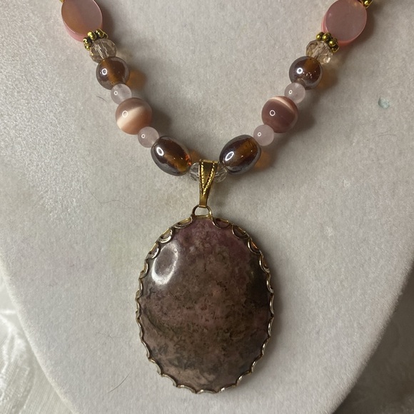 Handcrafted Rhodonite Pendant and Shell, Stone, Glass Necklace - Picture 2 of 7